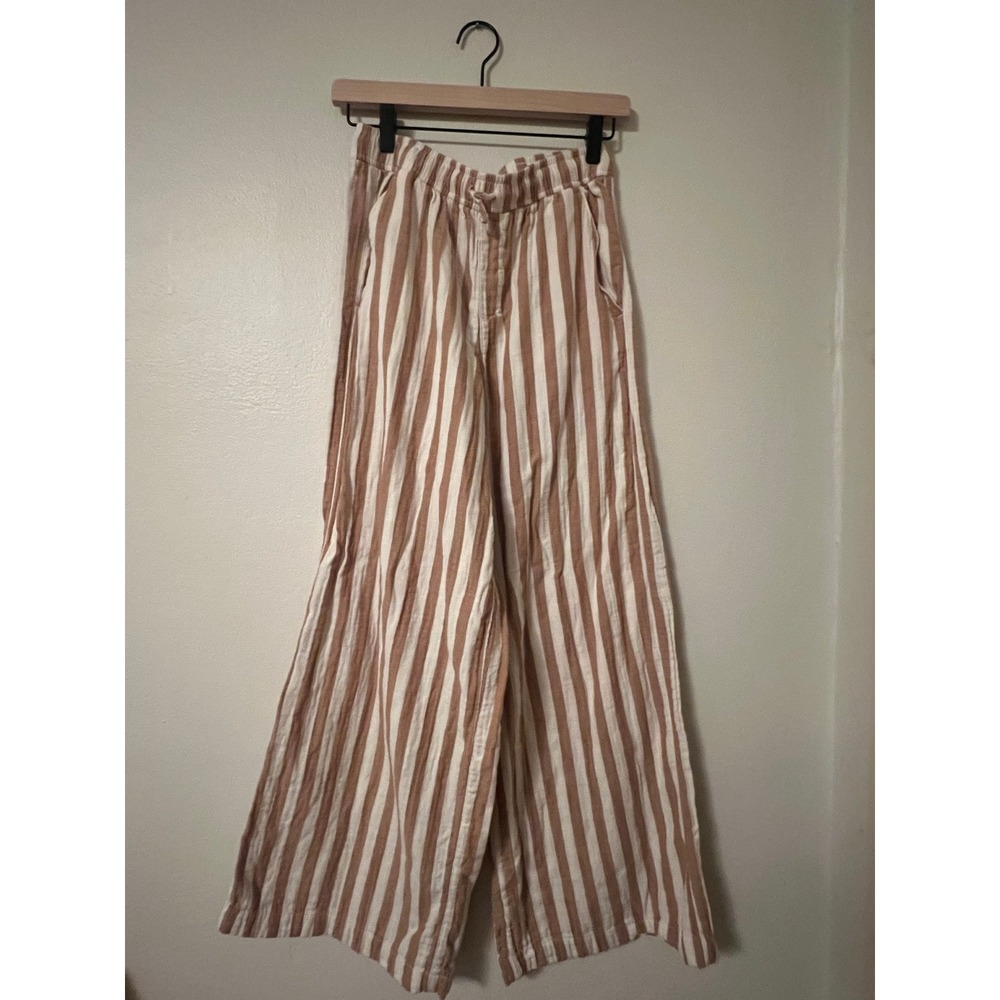 Old Navy Womens XXL Tan White Striped Wide Leg Linen Blend Pants High Rise